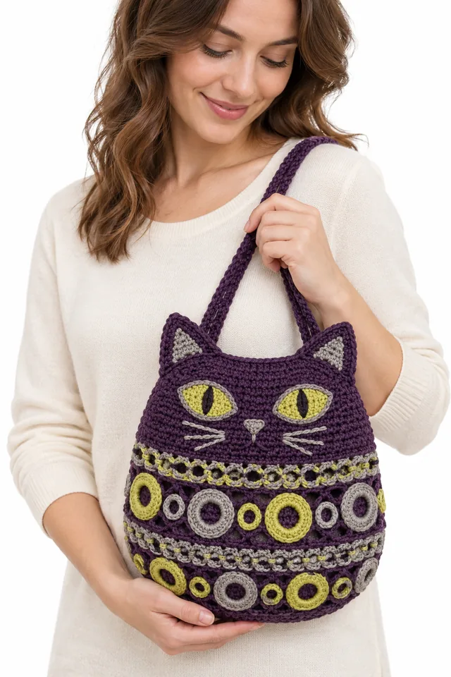 AI concept of an aubergine crochet black cat pouch built from braided torus links.