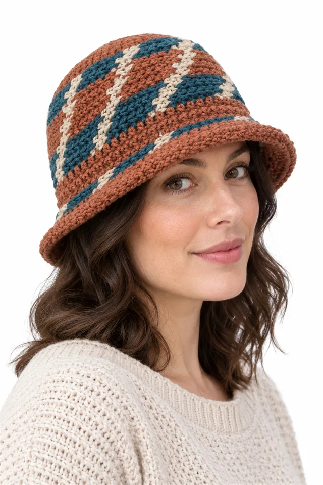 AI concept of a straw-toned crochet bell cloche hat with basketry weave texture.