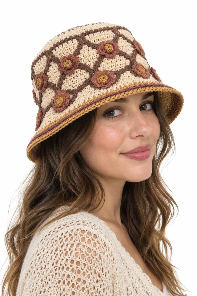 AI concept of a two-tone crochet bucket hat with soft brim and basketry texture.
