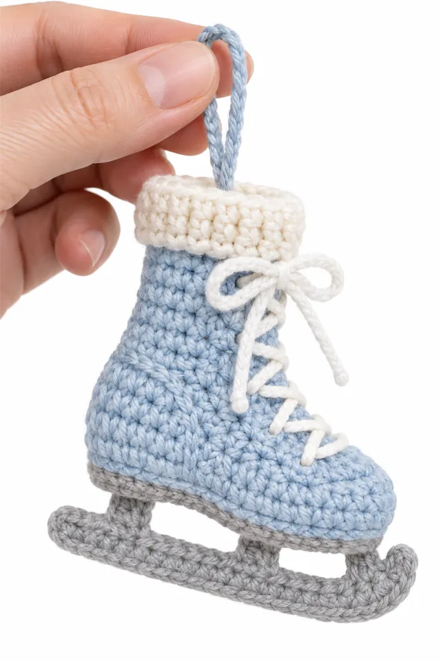 AI concept of a blue crochet ice skate Christmas ornament with white laces.