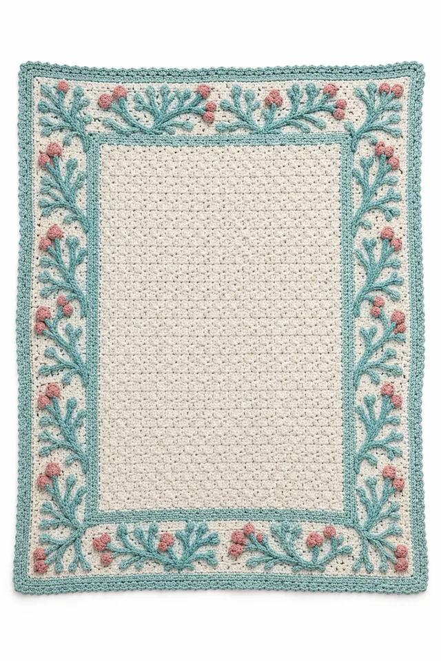 AI concept of a coral crochet throw blanket with a double border inspired by lichen texture.