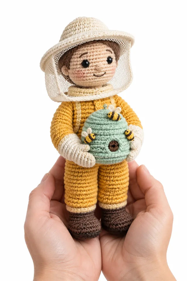 AI concept of a cream crochet beekeeper doll with veil hat and tiny hive box.