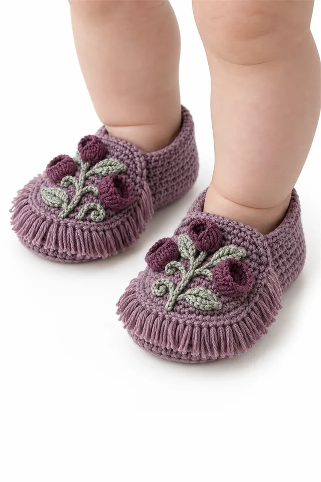 AI concept of gray-green crochet baby moccasins with fringe toes inspired by cup lichen.