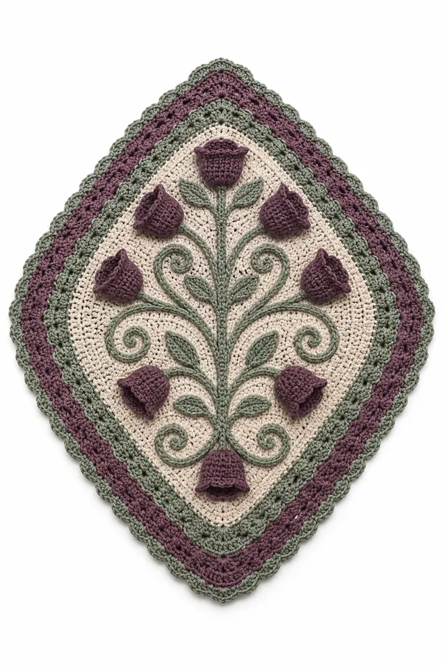 AI concept of a pale green crochet rug in a rounded diamond shape inspired by cup lichen.