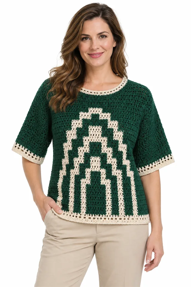 AI concept of an emerald crochet tunic with stepped art deco arches.