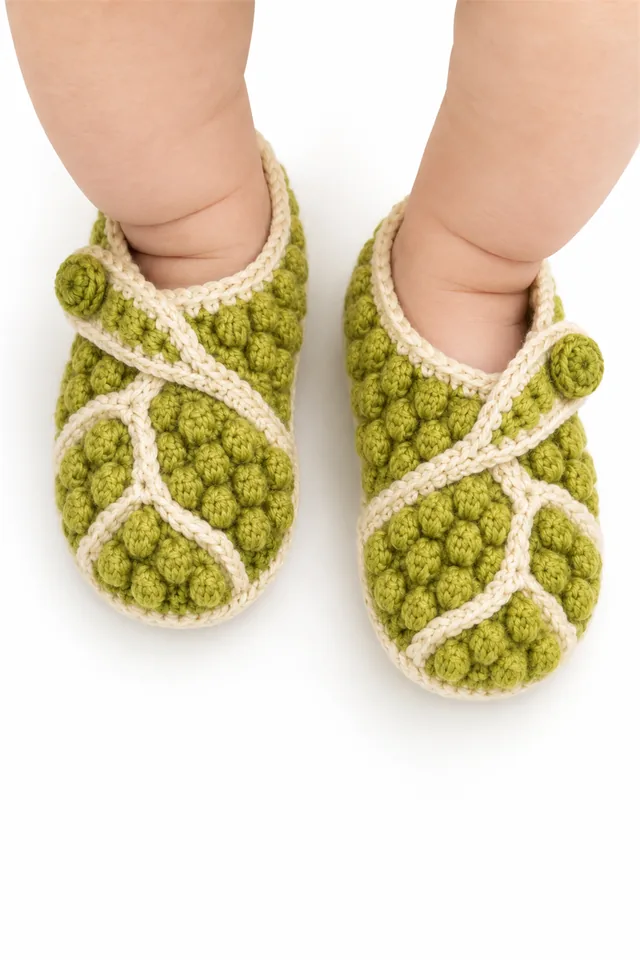 AI concept of golden yellow crochet baby wrap shoes with asymmetric closure inspired by crust lichen.