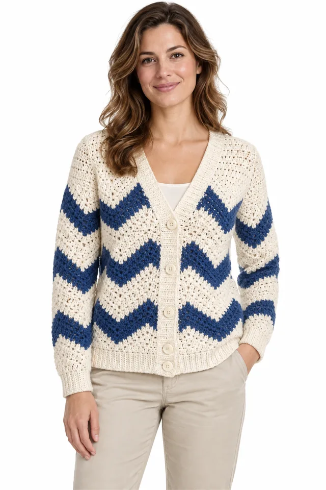 AI concept of an ivory crochet cardigan with sapphire art deco chevron stripes.
