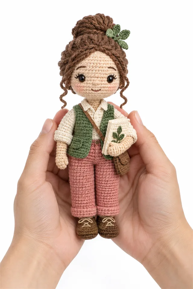 AI concept of a jade green crochet botanist doll holding a tiny pressed flower specimen.