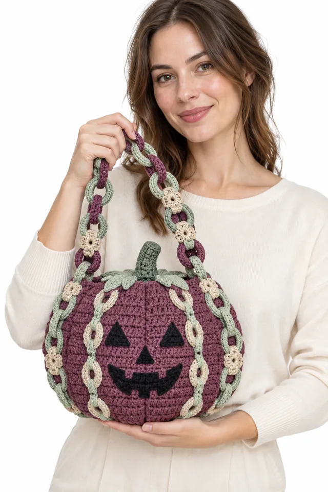 AI concept of a mulberry crochet pumpkin bag built from braided torus links.