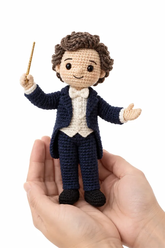 AI concept of a navy crochet train conductor doll with cap, whistle and pocket watch.