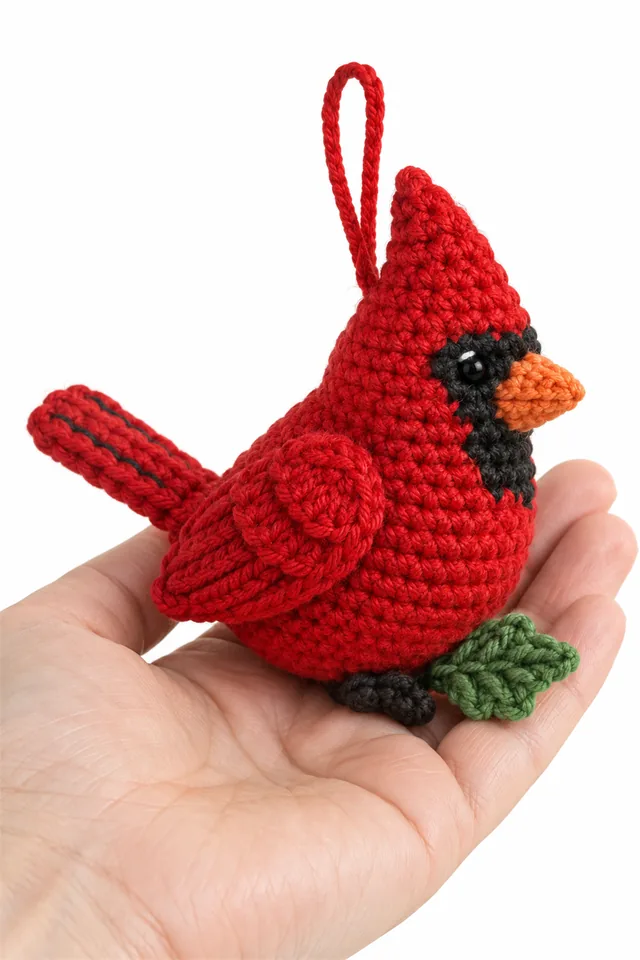 AI concept of a red crochet cardinal bird Christmas ornament with dark wing details.