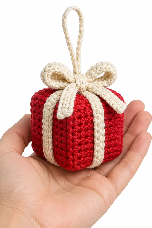 AI concept of a red crochet gift box Christmas ornament with gold ribbon.