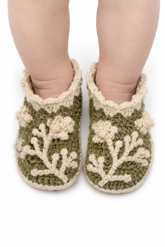 AI concept of pale sage crochet baby slippers with scalloped cuffs inspired by reindeer lichen.