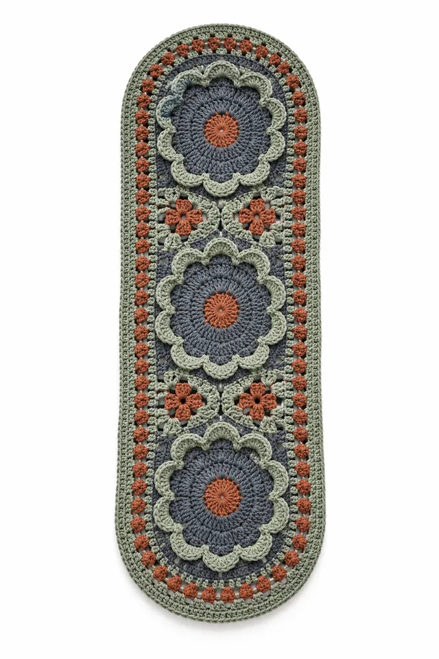 AI concept of a gray crochet runner rug with double arch ends inspired by rock shield lichen.