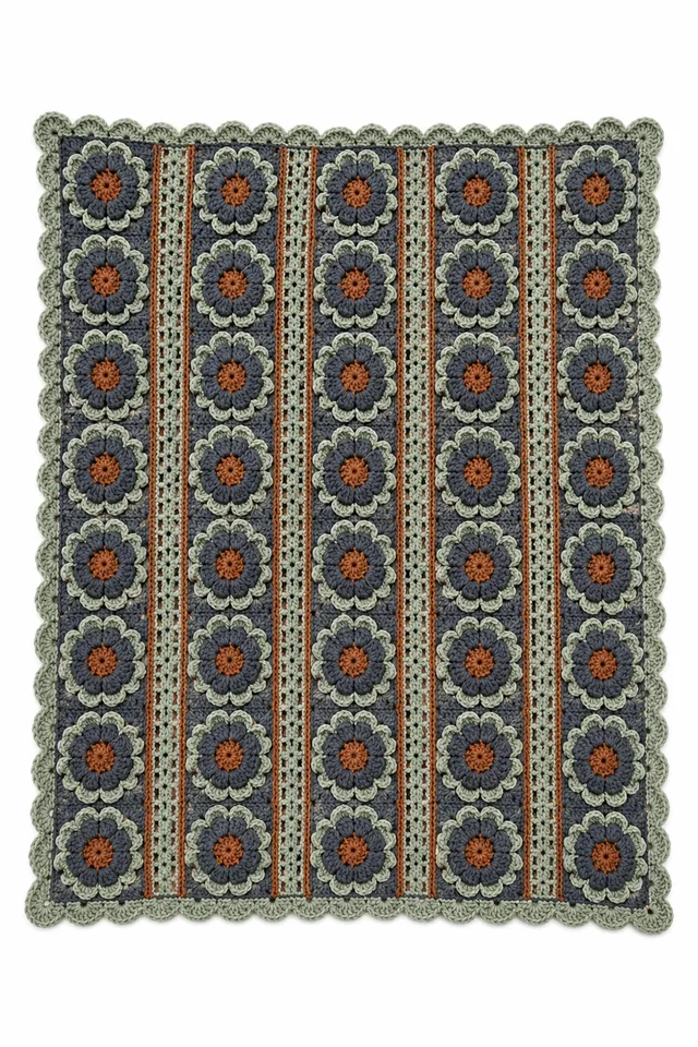 AI concept of a gray crochet throw with vertical ribbon stripes inspired by rock shield lichen.