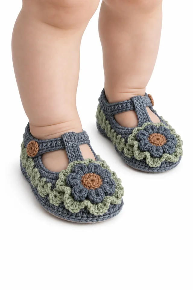 AI concept of gray crochet baby T-strap shoes with wide straps inspired by rock shield lichen.