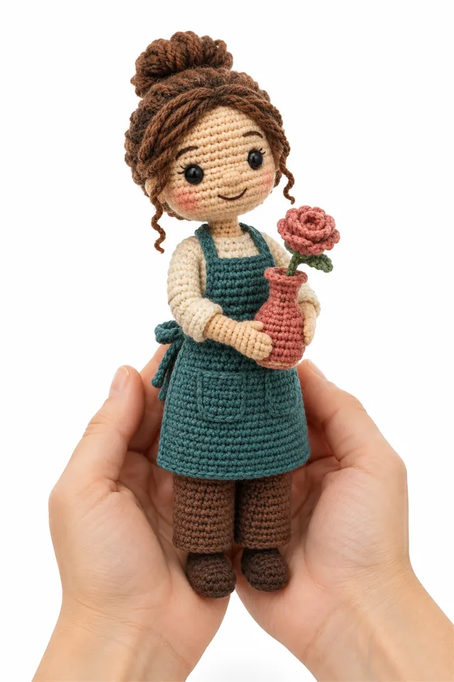 AI concept of a teal crochet glassblower doll with blowpipe and glowing glass bubble.
