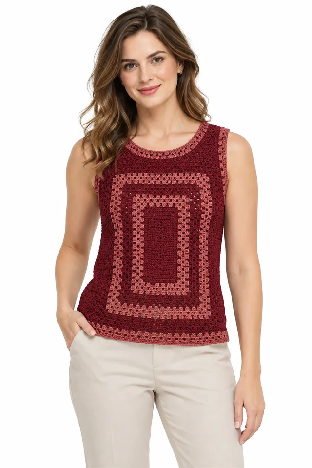 AI concept of a wine-colored crochet top with geometric art deco frame borders.